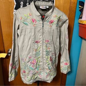 STAIN Quacker Factory Tan Butterfly Floral Embroidered Zipper Jacket Womens XL